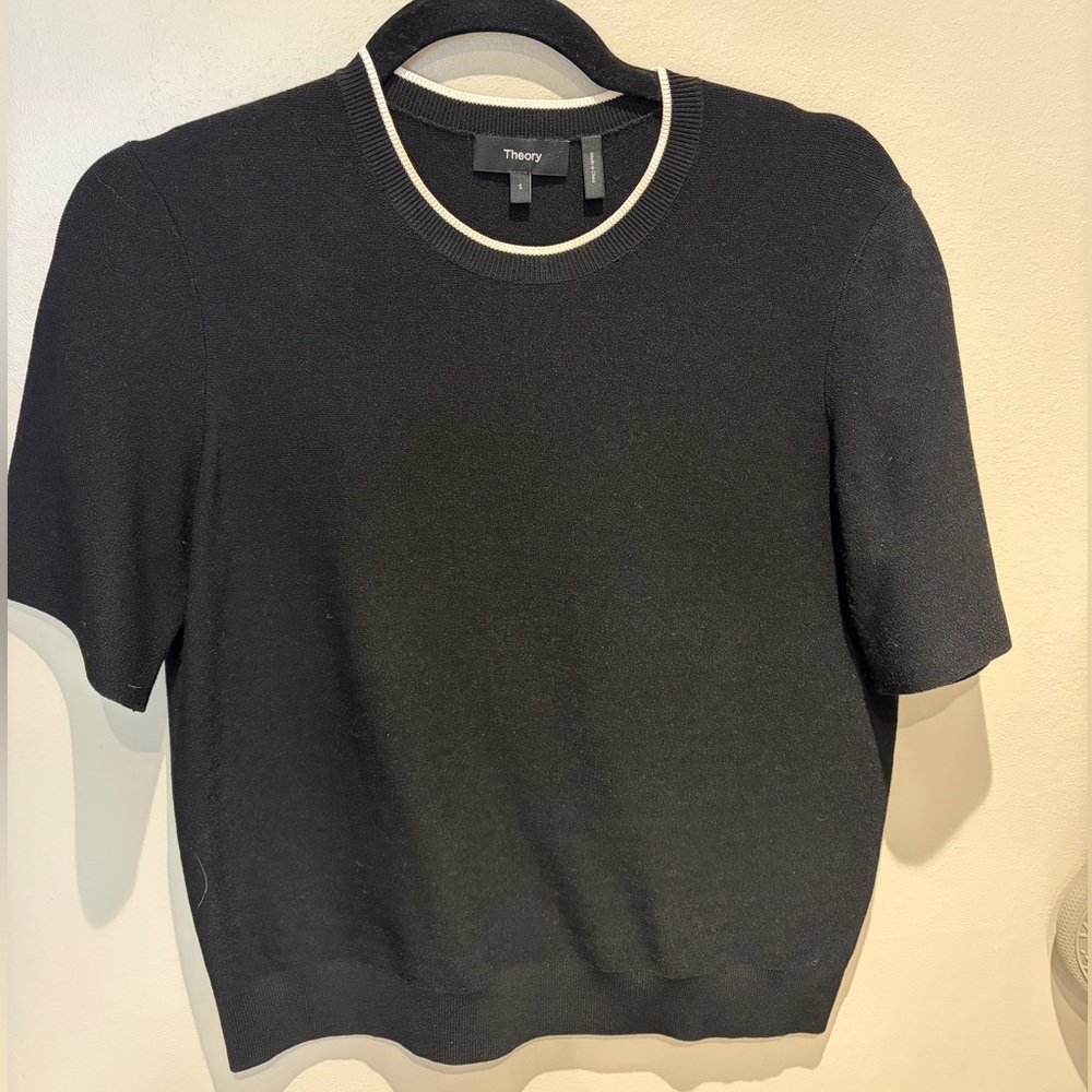 Theory Black Crewneck Short-Sleeve Sweater with Cream Neck Trim